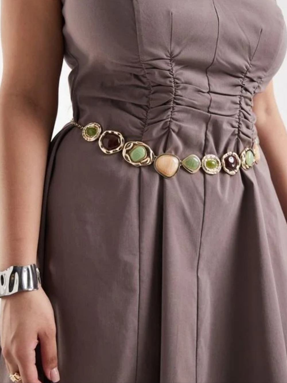 ASOS Curve Gold Chain Belt with Green and Brown Stones